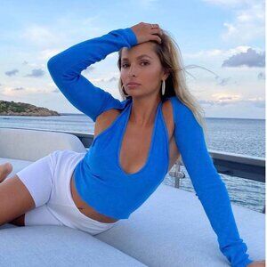 Lioness Bolero Shrug Ribbed Sweater Top in Bright Blue Size Large